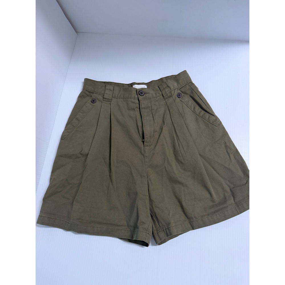 Topshop Womens Olive Green Pleated High Waisted Khaki Utility Shorts Size US 6
